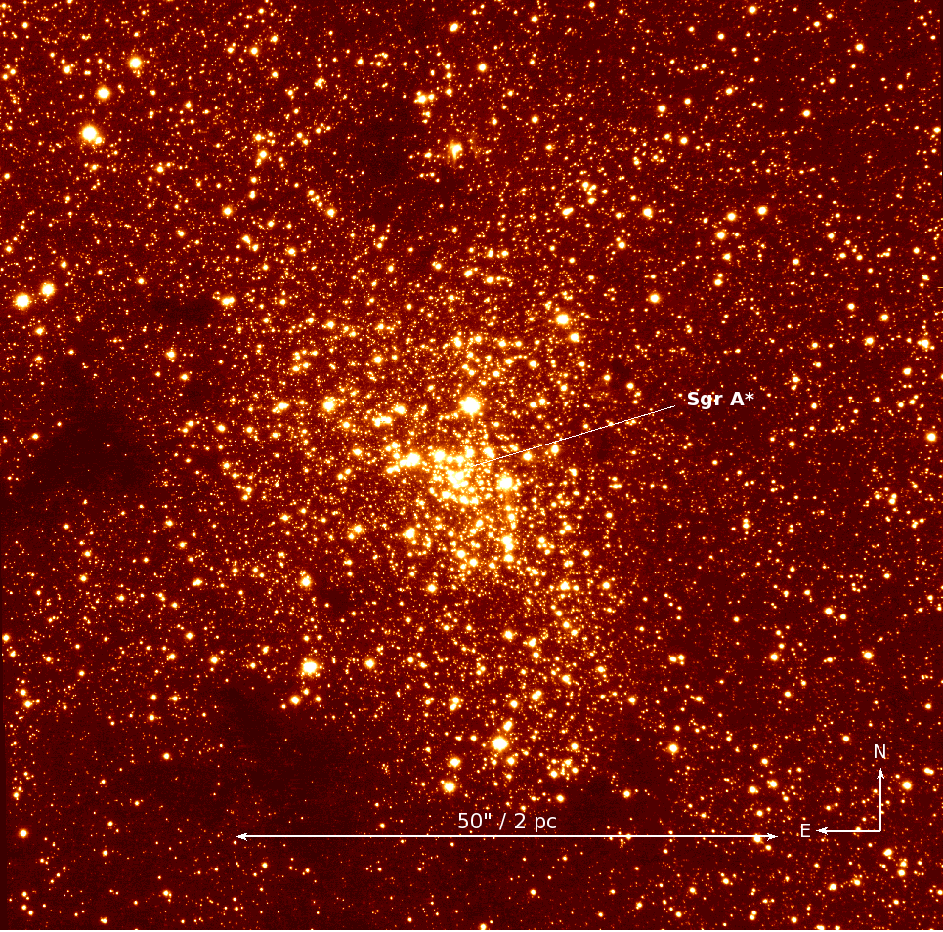 The Galactic Centre, High angular resolution near infrared image (2.2 µm, 0.07” angular resolution), obtained with the ESO VLT instrument NACO